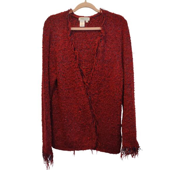 Coldwater Creek Women's Sz 1X Red Open Front Nubby Cardigan Sweater Fringe Boho - Picture 1 of 6